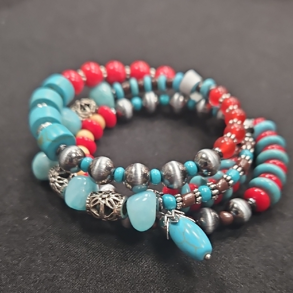Turquoise and Red Beaded Bracelet Set